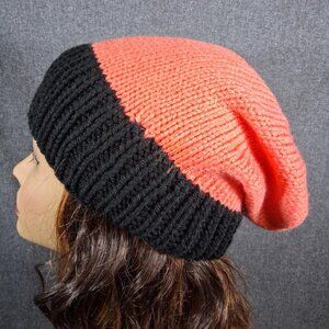 Black and Orange Slouchy Beanie – Hand-Knitted Hat, Unisex Adult & Teen